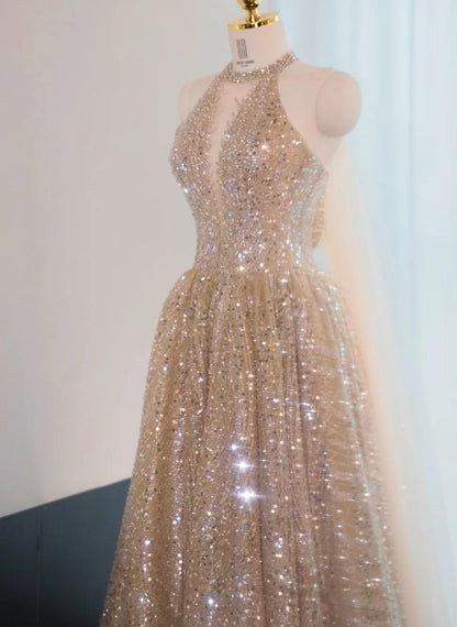 Glitter Elephant V-neck A-Line Tulle Sequins Beaded Long Prom Dresses Formal Evening Gowns ED03122