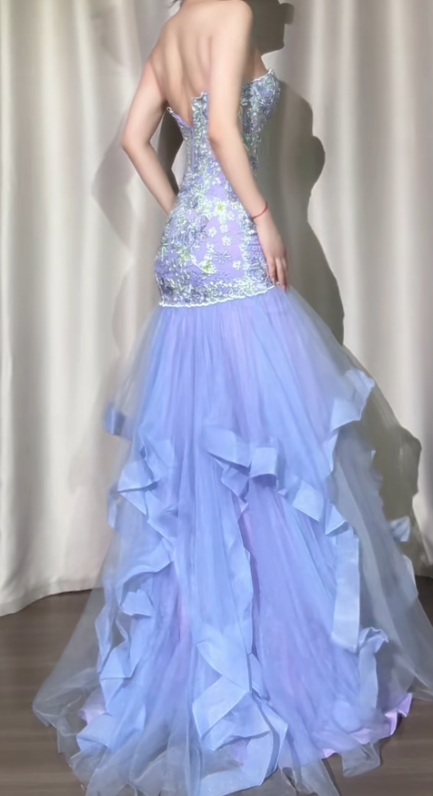 Gorgeous Purple Sweetheart Neck Mermaid Long Tulle Evening Gown Stunning Prom Dresses with Embroidered Appliques ED03123