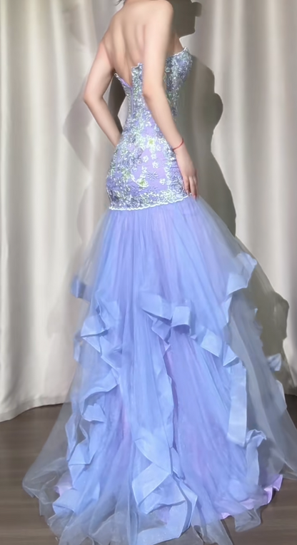 Gorgeous Purple Sweetheart Neck Mermaid Long Tulle Evening Gown Stunning Prom Dresses with Embroidered Appliques ED03123