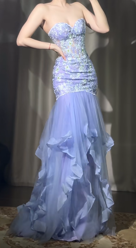 Gorgeous Purple Sweetheart Neck Mermaid Long Tulle Evening Gown Stunning Prom Dresses with Embroidered Appliques ED03123