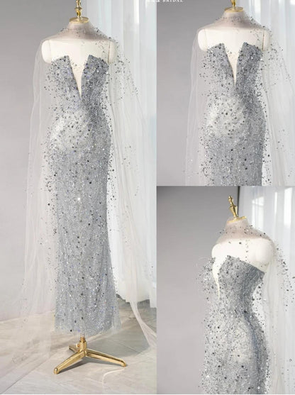 Glamour Silver Grey Strapless Sheath Sequin Wedding Dress with Veil, Formal Elegant Evening Gown ED03125