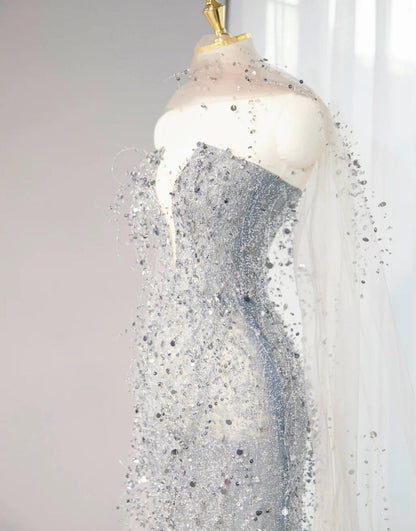 Glamour Silver Grey Strapless Sheath Sequin Wedding Dress with Veil, Formal Elegant Evening Gown ED03125