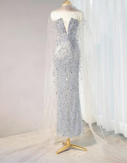 Glamour Silver Grey Strapless Sheath Sequin Wedding Dress with Veil, Formal Elegant Evening Gown ED03125