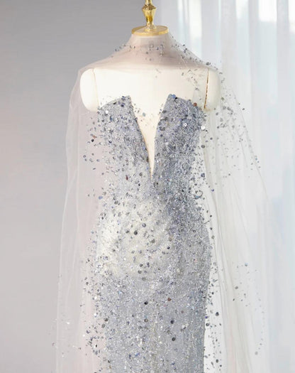 Glamour Silver Grey Strapless Sheath Sequin Wedding Dress with Veil, Formal Elegant Evening Gown ED03125