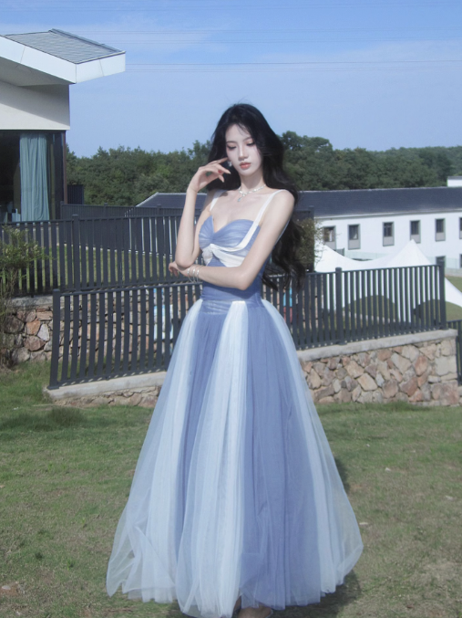 Fairytale Sweetheart Grey Blue A-Line Tulle Long Prom Dresses Sweet 20 Evening Gowns ED03129