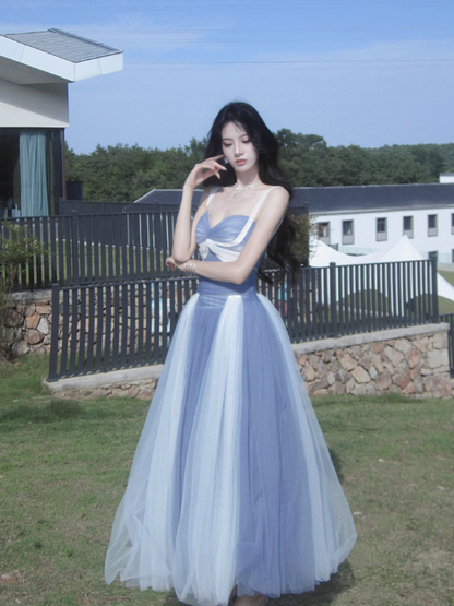 Fairytale Sweetheart Grey Blue A-Line Tulle Long Prom Dresses Sweet 20 Evening Gowns ED03129