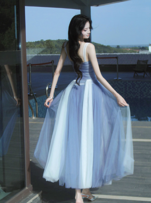 Fairytale Sweetheart Grey Blue A-Line Tulle Long Prom Dresses Sweet 20 Evening Gowns ED03129