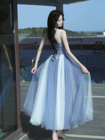 Fairytale Sweetheart Grey Blue A-Line Tulle Long Prom Dresses Sweet 20 Evening Gowns ED03129