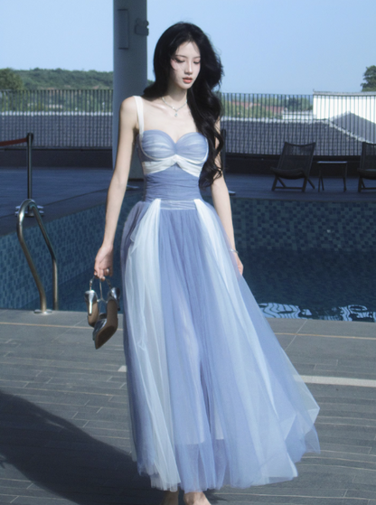 Fairytale Sweetheart Grey Blue A-Line Tulle Long Prom Dresses Sweet 20 Evening Gowns ED03129