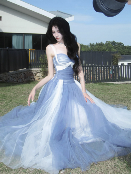 Fairytale Sweetheart Grey Blue A-Line Tulle Long Prom Dresses Sweet 20 Evening Gowns ED03129