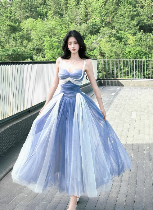 Fairytale Sweetheart Grey Blue A-Line Tulle Long Prom Dresses Sweet 20 Evening Gowns ED03129