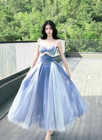 Fairytale Sweetheart Grey Blue A-Line Tulle Long Prom Dresses Sweet 20 Evening Gowns ED03129