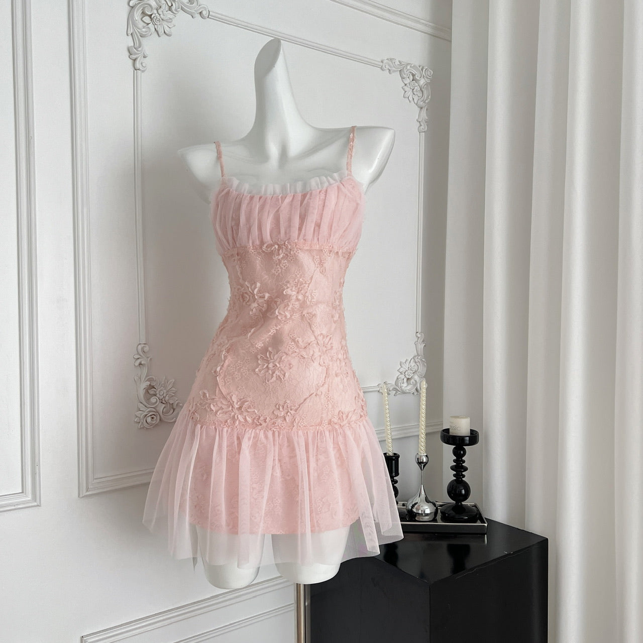 Sweet Pink Spaghetti Straps A-Line Tulle Lace Short Birthday Dress Outdoor Party Outfit ED03130