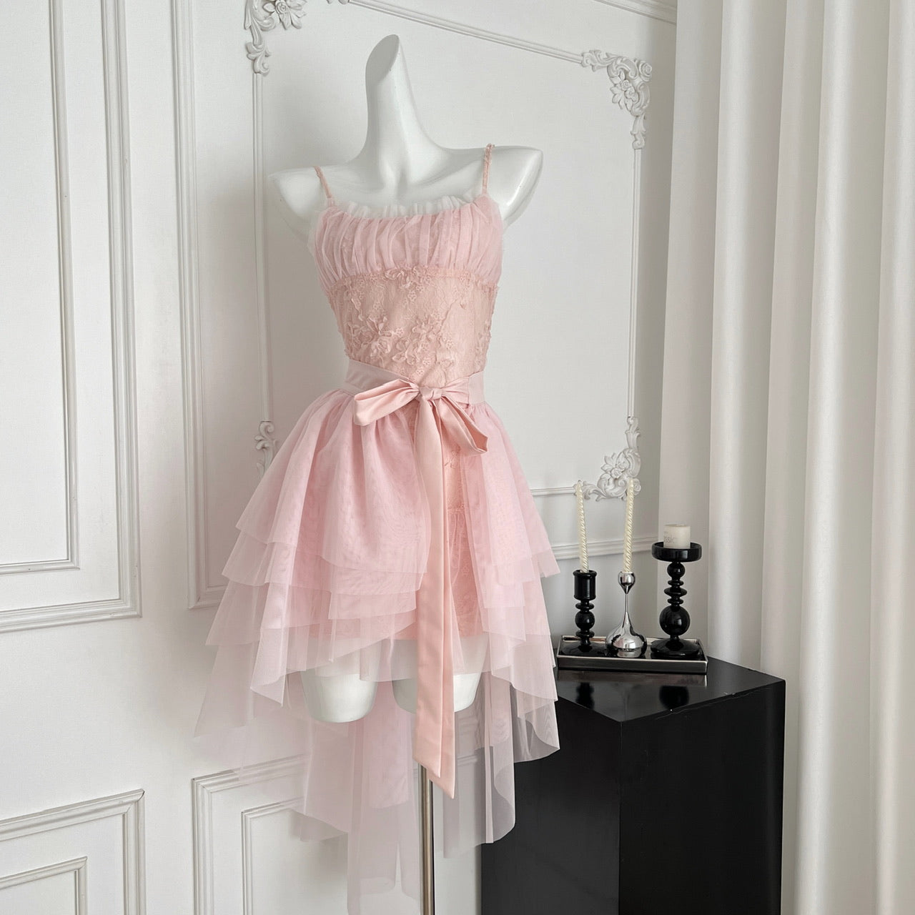 Sweet Pink Spaghetti Straps A-Line Tulle Lace Short Birthday Dress Outdoor Party Outfit ED03130