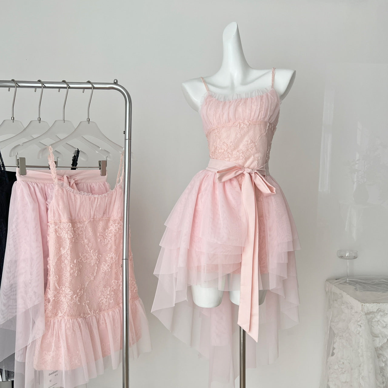 Sweet Pink Spaghetti Straps A-Line Tulle Lace Short Birthday Dress Outdoor Party Outfit ED03130