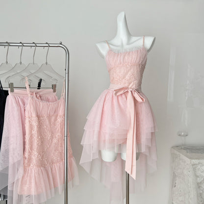 Sweet Pink Spaghetti Straps A-Line Tulle Lace Short Birthday Dress Outdoor Party Outfit ED03130