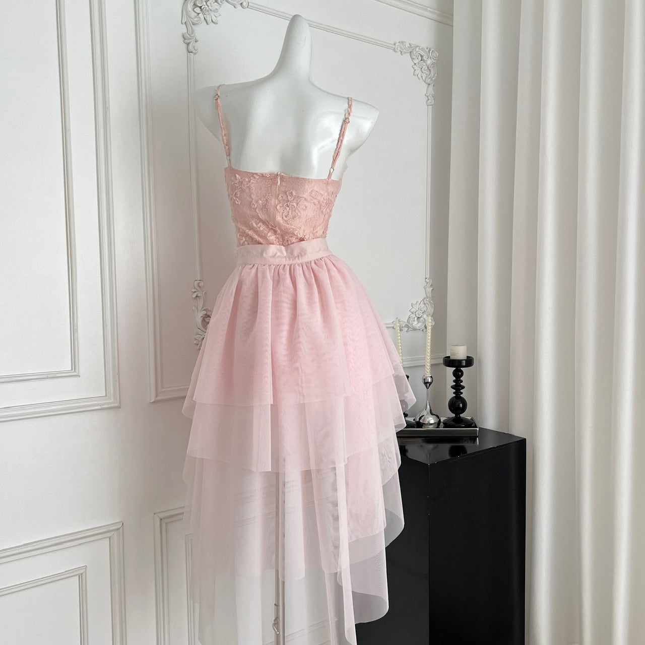 Sweet Pink Spaghetti Straps A-Line Tulle Lace Short Birthday Dress Outdoor Party Outfit ED03130