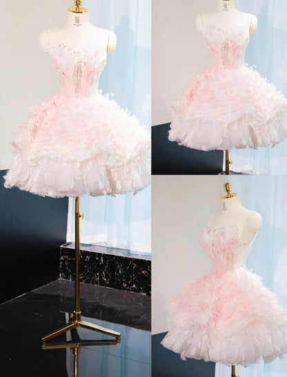 Fairytale Pink Strapless A-Line Tulle Applique Short Prom Dresses Gorgeous Homecoming Dress ED03131