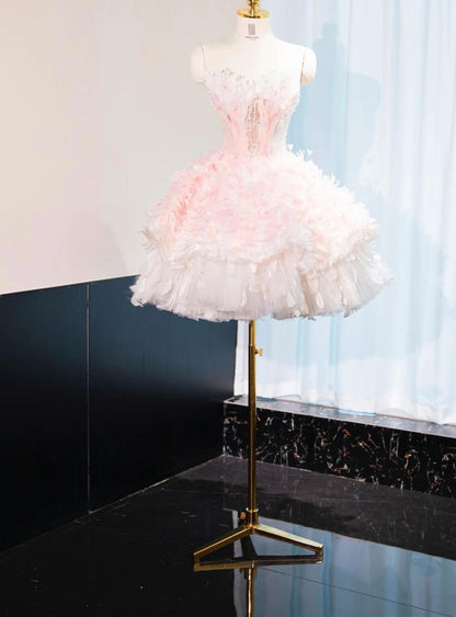 Fairytale Pink Strapless A-Line Tulle Applique Short Prom Dresses Gorgeous Homecoming Dress ED03131