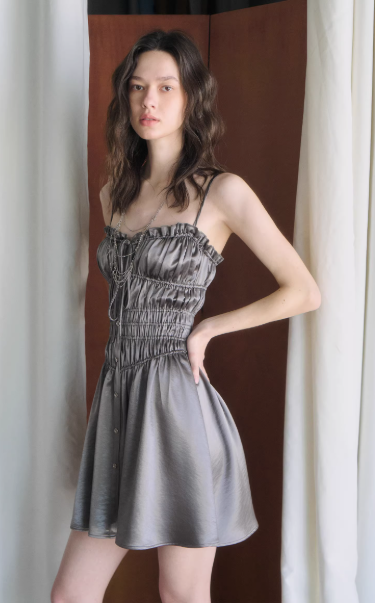 Simple Grey Spaghetti Straps A-Line Satin Short Pool Party Dress ED03135