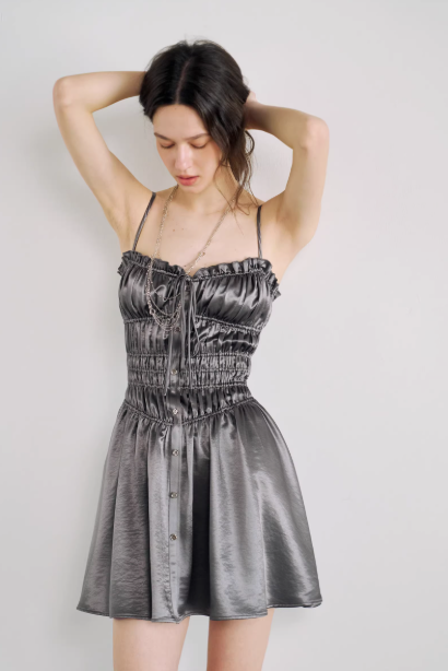 Simple Grey Spaghetti Straps A-Line Satin Short Pool Party Dress ED03135