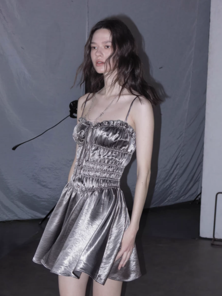 Simple Grey Spaghetti Straps A-Line Satin Short Pool Party Dress ED03135