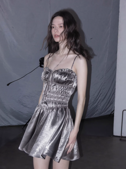 Simple Grey Spaghetti Straps A-Line Satin Short Pool Party Dress ED03135