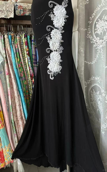 Glamour Black V-neck Mermaid Evening Gowns Beaded Chiffon Open Back Long Prom Dresses ED03136