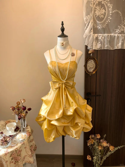 Vintage Gold Spaghetti Straps A-Line Satin Short Prom Dresses Elegant Homecoming Dress ED03137
