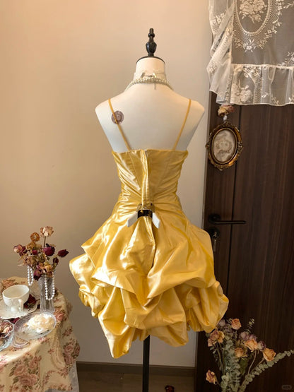 Vintage Gold Spaghetti Straps A-Line Satin Short Prom Dresses Elegant Homecoming Dress ED03137