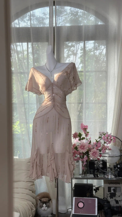 Elegant V-neck Short Sleeve Chiffon Short Dress ED03138