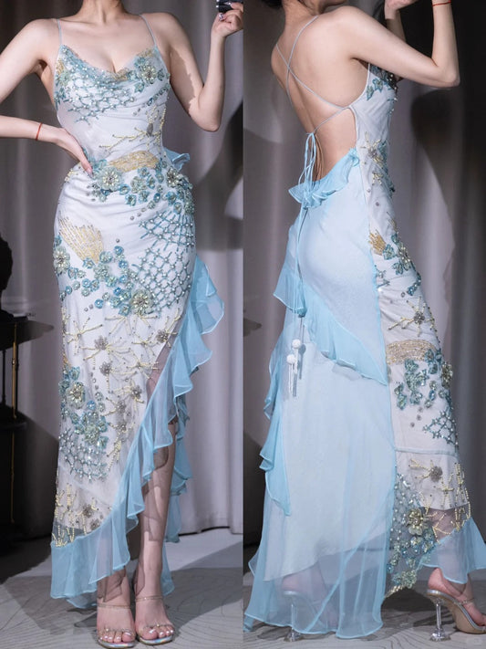 Glamour Blue V Neck Sheath Tulle Beaded Long Prom Dresses Retro Backless Evening Dress ED03140