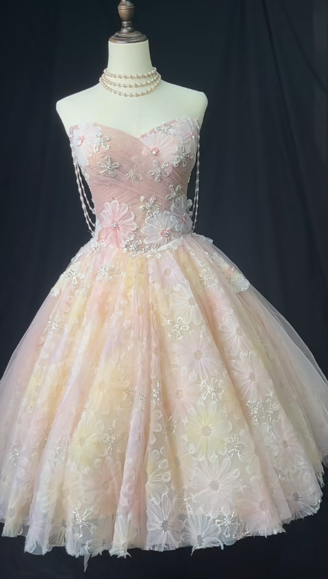 Fairytale Pink Strapless A-Line Tulle Beaded Short Prom Dresses Sweet Homecoming Dress ED03148