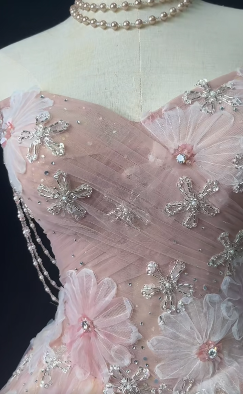 Fairytale Pink Strapless A-Line Tulle Beaded Short Prom Dresses Sweet Homecoming Dress ED03148