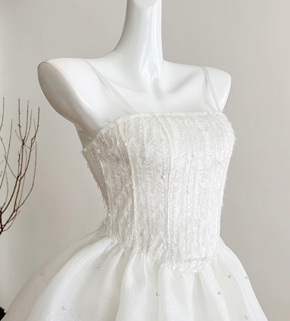 Simple White Spaghetti Straps A-Line Tulle Beaded Short Prom Dresses Sweet 16 Dresses ED03150