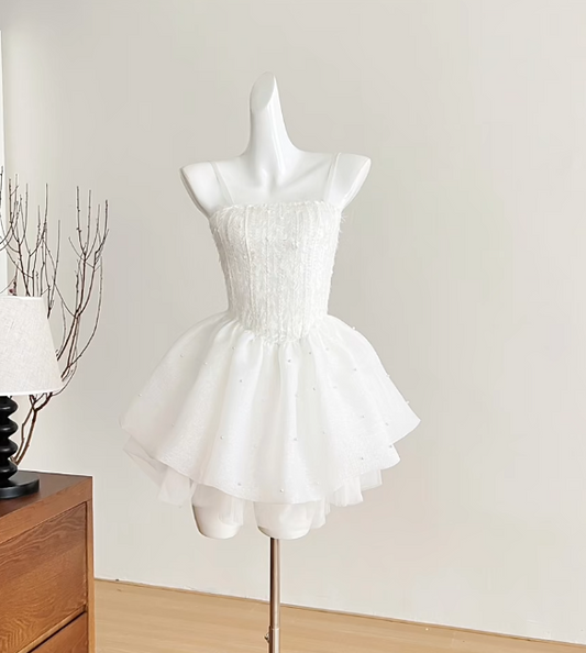 Simple White Spaghetti Straps A-Line Tulle Beaded Short Prom Dresses Sweet 16 Dresses ED03150