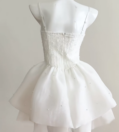 Simple White Spaghetti Straps A-Line Tulle Beaded Short Prom Dresses Sweet 16 Dresses ED03150