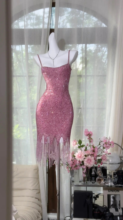 Fairytale Pink Spaghetti Straps Bodycon Beaded Sequin Short Prom Dresses ED03155