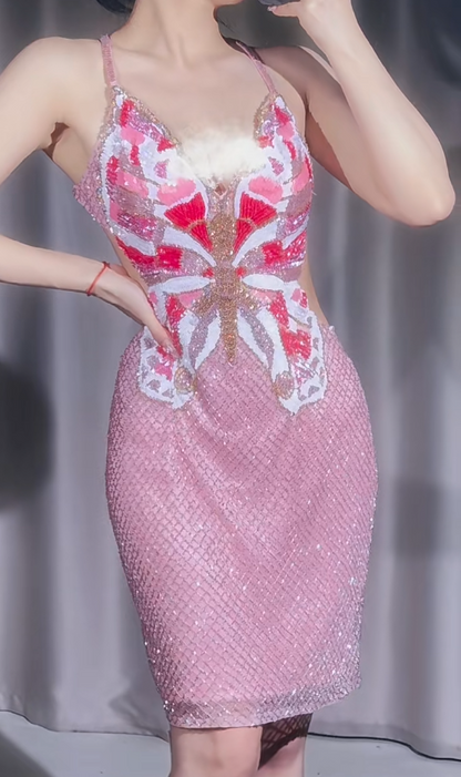 Elegant Pink Spaghetti Straps Sheath Beaded Short Prom Dresses Retro Evening Dress ED03157