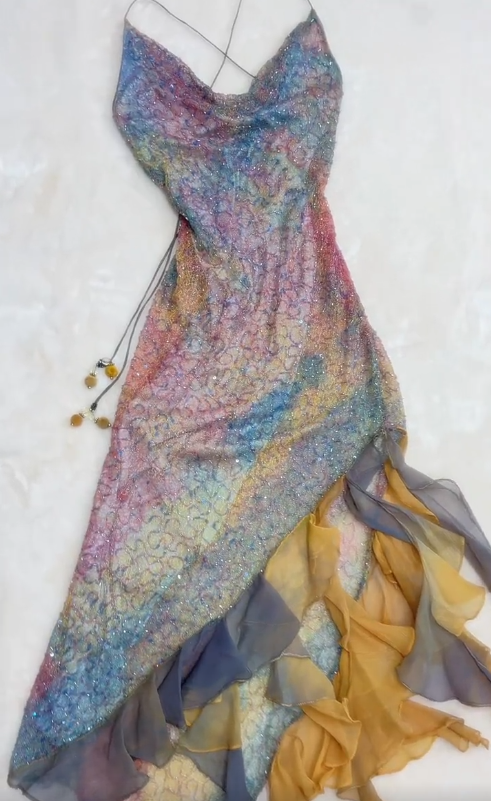 Fairytale Ombre Spaghetti Straps Sheath Beaded Short Stunning Prom Dresses with Ruffles ED03158