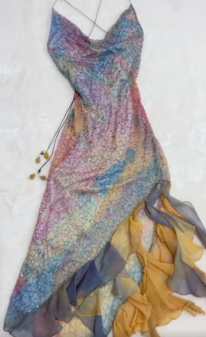 Fairytale Ombre Spaghetti Straps Sheath Beaded Short Stunning Prom Dresses with Ruffles ED03158