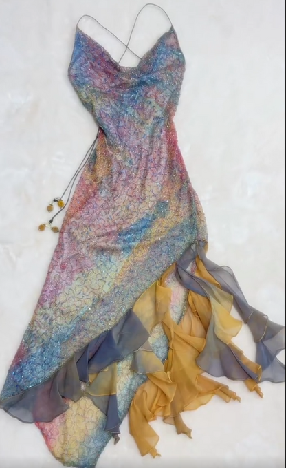 Fairytale Ombre Spaghetti Straps Sheath Beaded Short Stunning Prom Dresses with Ruffles ED03158