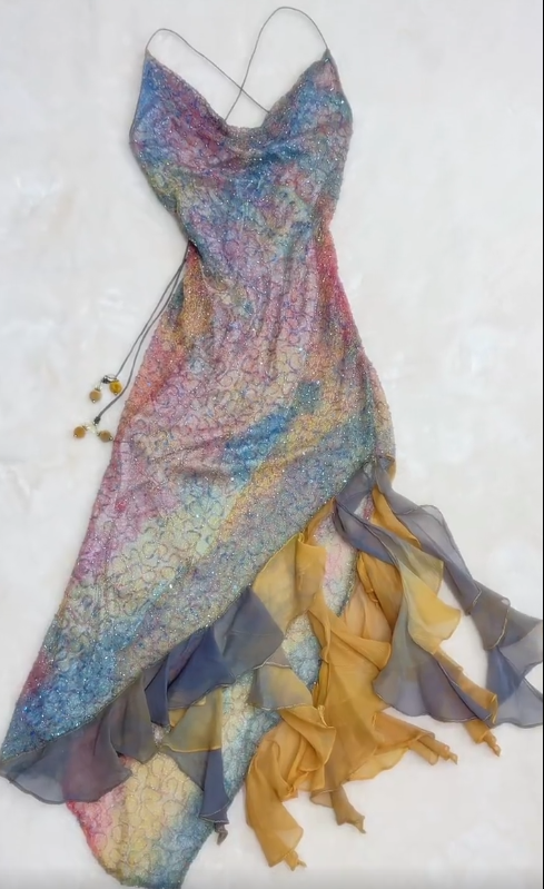 Fairytale Ombre Spaghetti Straps Sheath Beaded Short Stunning Prom Dresses with Ruffles ED03158