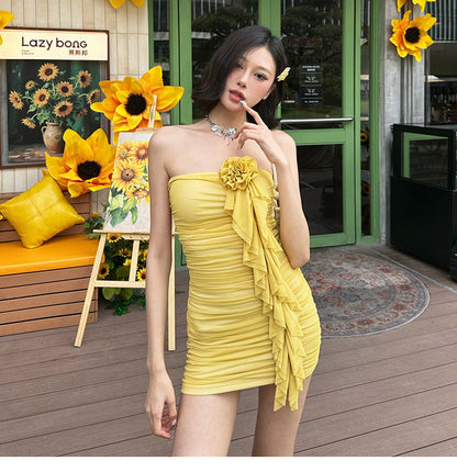 Glamour Yellow Strapless Bodycon Chiffon Short Party Dress Homecoming Dress ED03159