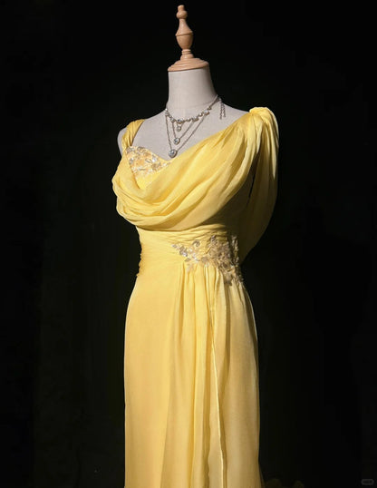 Glamour Yellow Spaghetti Straps Sheath Tulle Long Prom Dresses Formal Evening Gowns ED03161