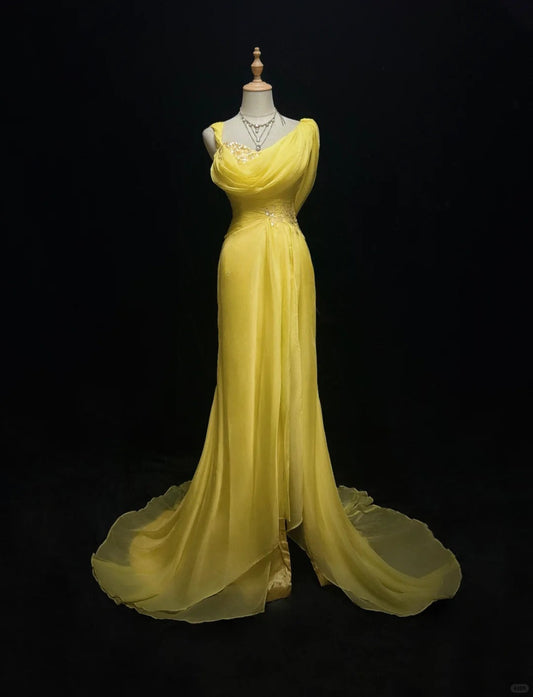 Glamour Yellow Spaghetti Straps Sheath Tulle Long Prom Dresses Formal Evening Gowns ED03161