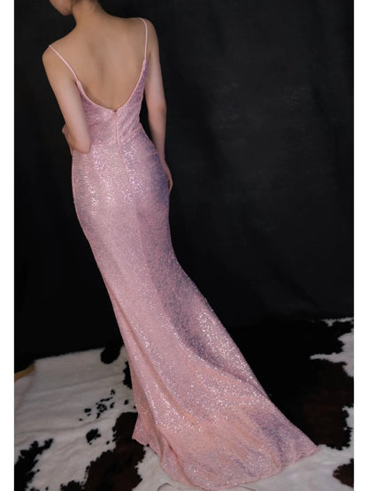 Glamour Pink V Neck Sheath Sequin Long Prom Dresses Formal Evening Dress with Slits ED03163