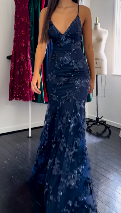 Glamour Navy Blue V-neck Mermaid Tulle Sequin Long Prom Dresses Elegant Backless Evening Gowns ED03165