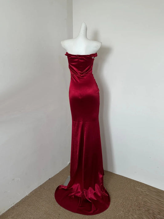 Elegant Red Strapless Mermaid Satin Long Prom Dresses Glamour Evening Gowns with Slits ED03168