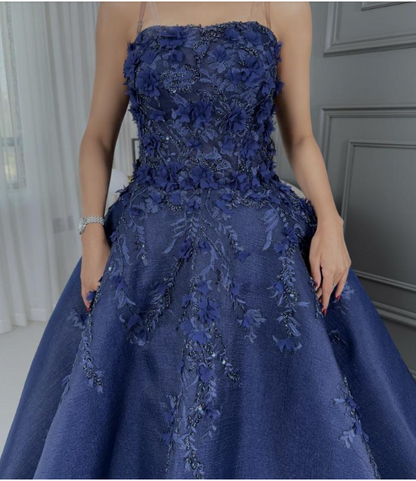 Glamour Navy Blue Strapless A-Line Tulle Long Prom Dresses Formal Evening Gowns with Appliques ED03169